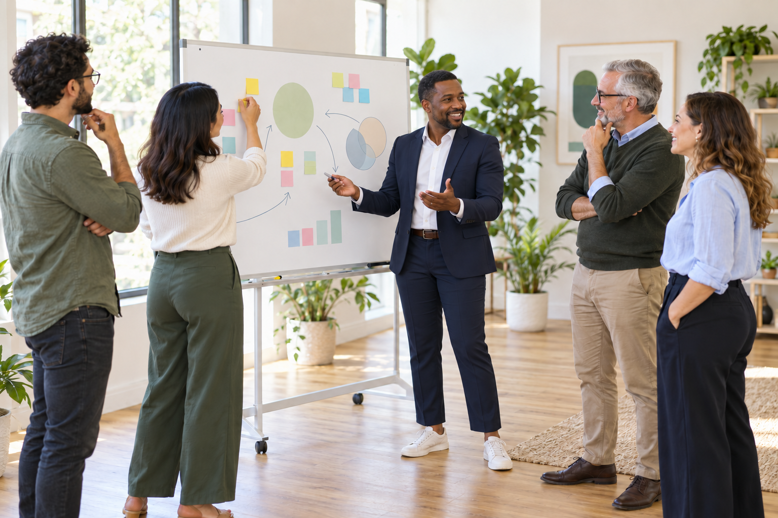 A facilitator leading an interactive team workshop at a whiteboard