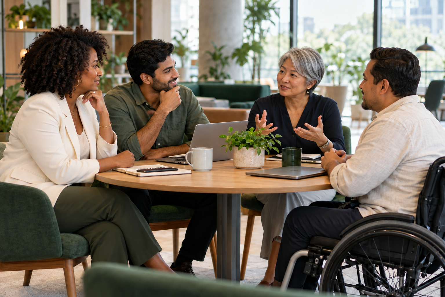 A group of professionals listening as a colleague leads their conversation