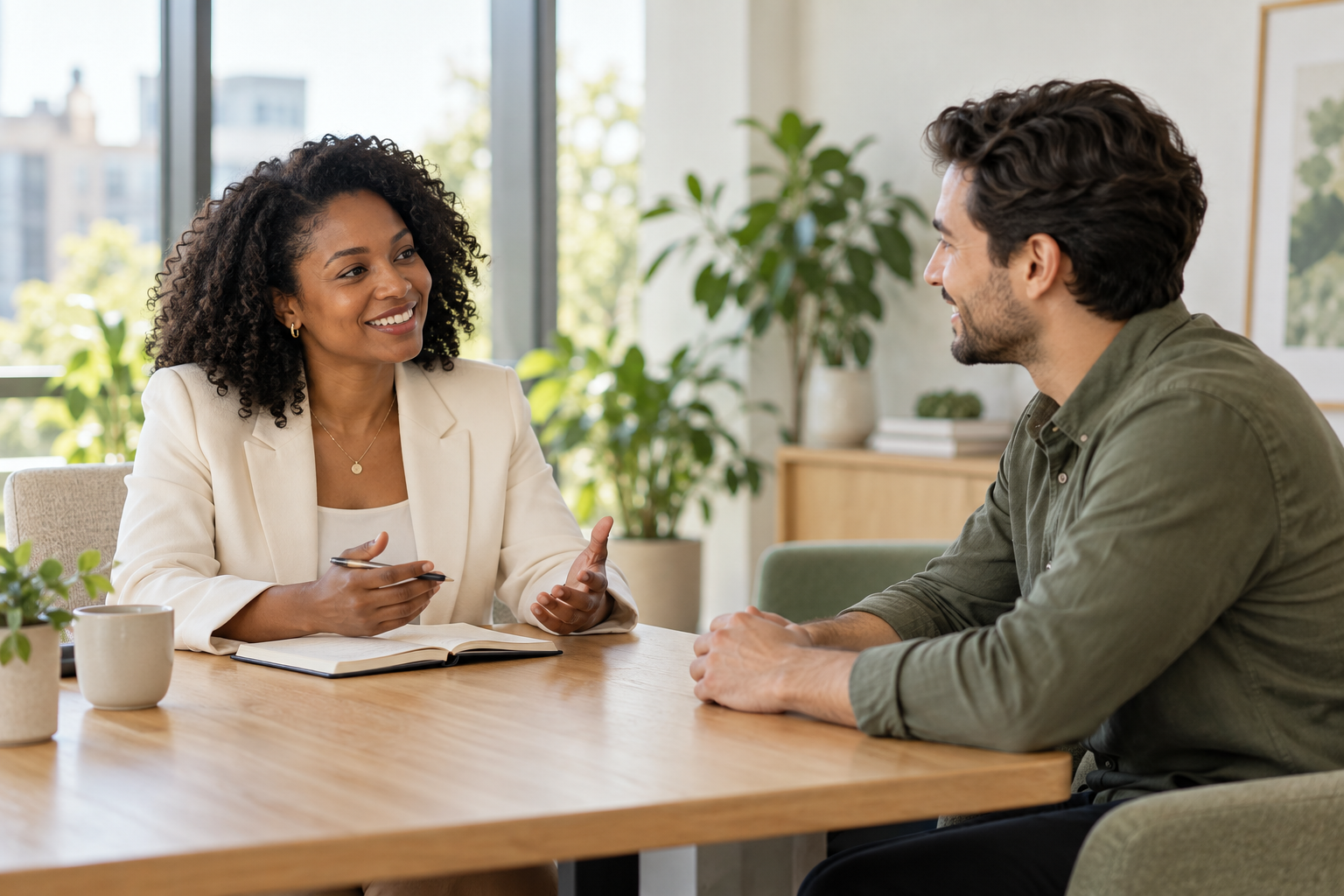 Recruiter and candidate in a bright office conversation